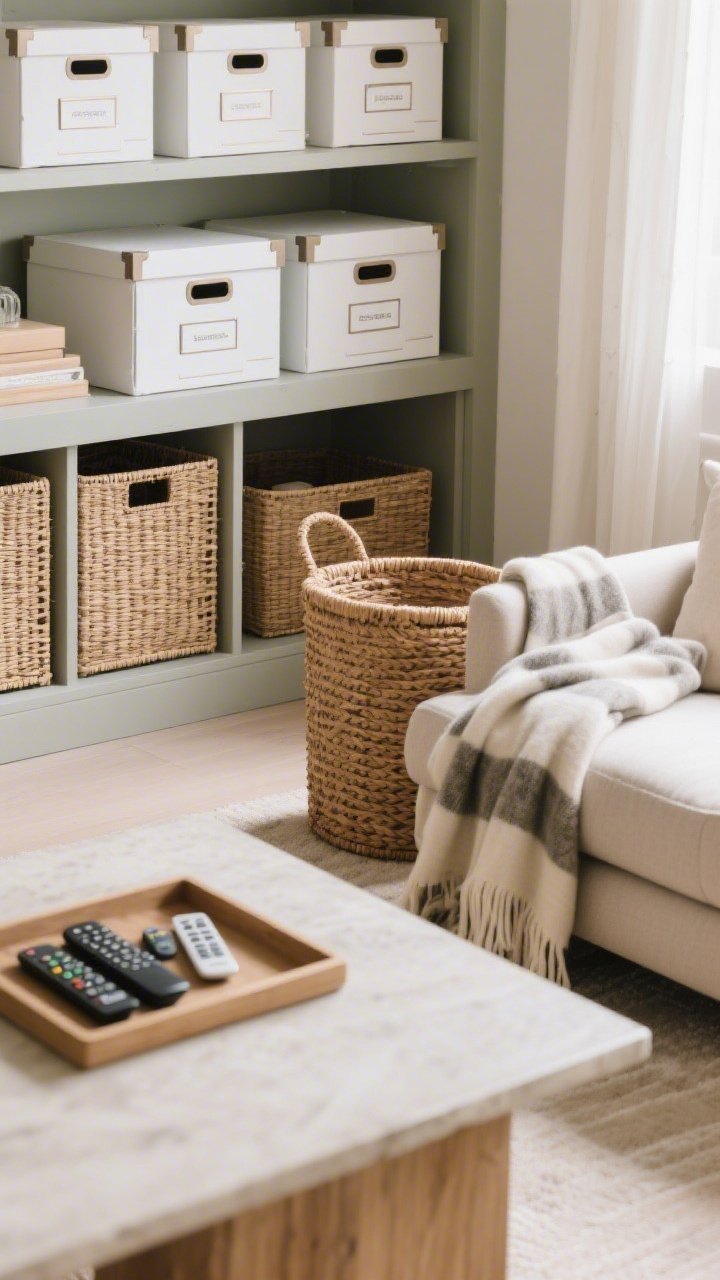 A closeup detail of camouflaged storage: under-bed bins partially tucked away, a shelf with matching labeled boxes (labels hidden at the backs), a rattan basket beside a sofa holding throw blankets, and a tray corralling remotes on the coffee table; cohesive single material palette (rattan and white boxes), tidy look, soft daylight, photorealistic