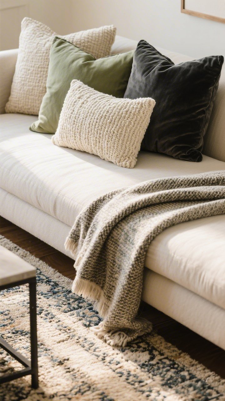 A closeup detail of layered textiles on a sofa: mismatched pillows pulled from different rooms in sage, cream, and charcoal with nubby knit, smooth linen, and soft velvet textures; a throw blanket draped diagonally across the sofa corner; a smaller patterned rug layered over a larger plain one beneath the coffee table edge; warm natural light highlighting fabric weave and depth.