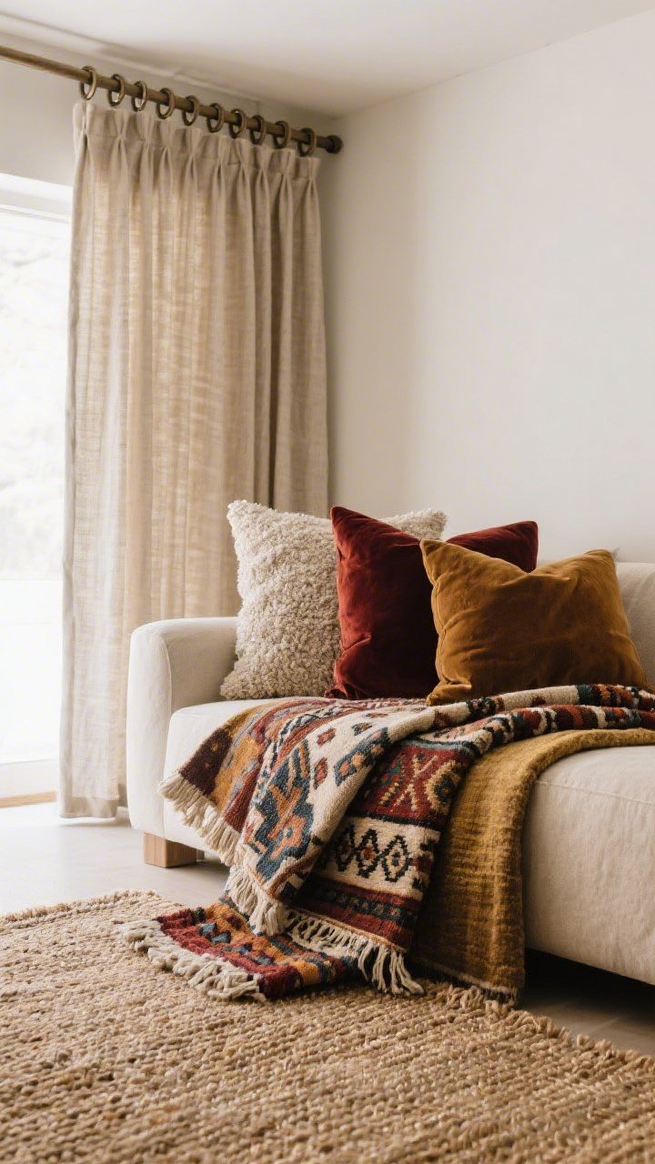 A closeup detail of layered textiles: overlapping rugs (a jute base with a patterned kilim on top), curtain panels hung high and wide with clip rings on a tension rod, and a stack of bouclé, linen, and velvet pillows in rich colors on a neutral sofa; diffuse daylight highlighting texture