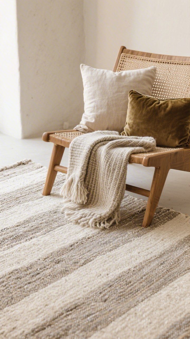 A closeup detail of pattern and texture layering: a striped flatweave rug in neutral tones, a nubby wool throw, linen pillow, and a small velvet cushion on a rattan chair; cohesive palette of two to three colors repeated, soft side lighting emphasizing fabric weaves and tactile richness