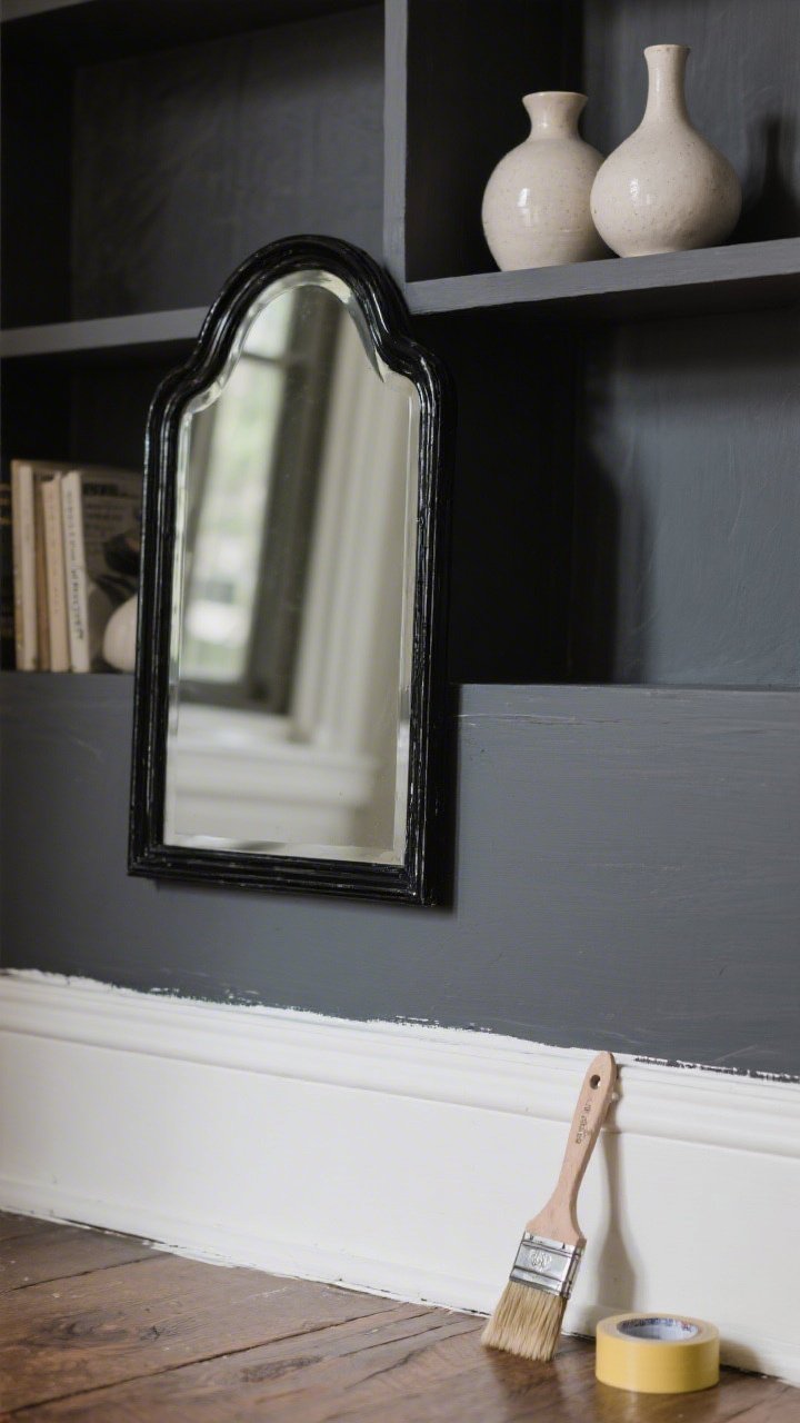 A closeup detail of quick accent painting: a vintage mirror with its thin frame freshly painted satin black, a small angled brush and painter’s tape nearby. In the background, crisp white baseboards look newly refreshed against a moody charcoal wall, and the back panel of a bookshelf is painted a darker shade, making pale ceramic vases pop. Subtle reflections and wet-edge sheen visible, photorealistic textures of paint and wood.