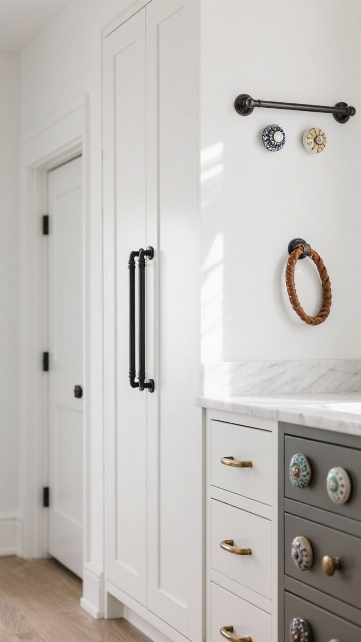 A closeup detail of upgraded hardware: matte black pulls on a white shaker kitchen cabinet door next to a vanity drawer with brushed brass handles; include a dresser corner nearby featuring mixed ceramic knobs on top drawers and bar pulls below, plus a closet door with a leather loop pull; crisp, bright daylight, focus on metal finishes and textures.