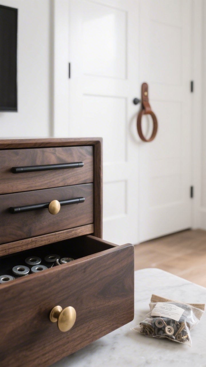 A closeup detail shot of chic hardware upgrades: brushed brass round knobs on a matte walnut dresser drawer, matte black bar pulls on a nearby media console door, and a leather loop handle on a white closet door in the background; crisp natural daylight, visible washers behind a drawer front, and a small labeled bag of old hardware set aside on the surface