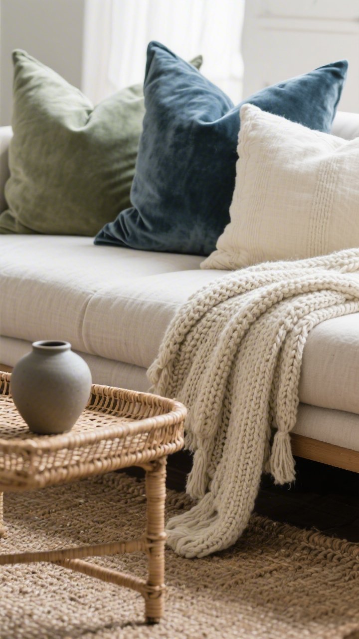 A closeup detail shot of layered textures on a sofa: linen and velvet pillows in a tight palette of sage, slate blue, and cream, plus a chunky knit throw draped over the arm; in the foreground, a woven rattan tray on a jute rug with a matte ceramic vase; shallow depth of field, soft ambient light highlighting nubby, shiny, and rough textures.