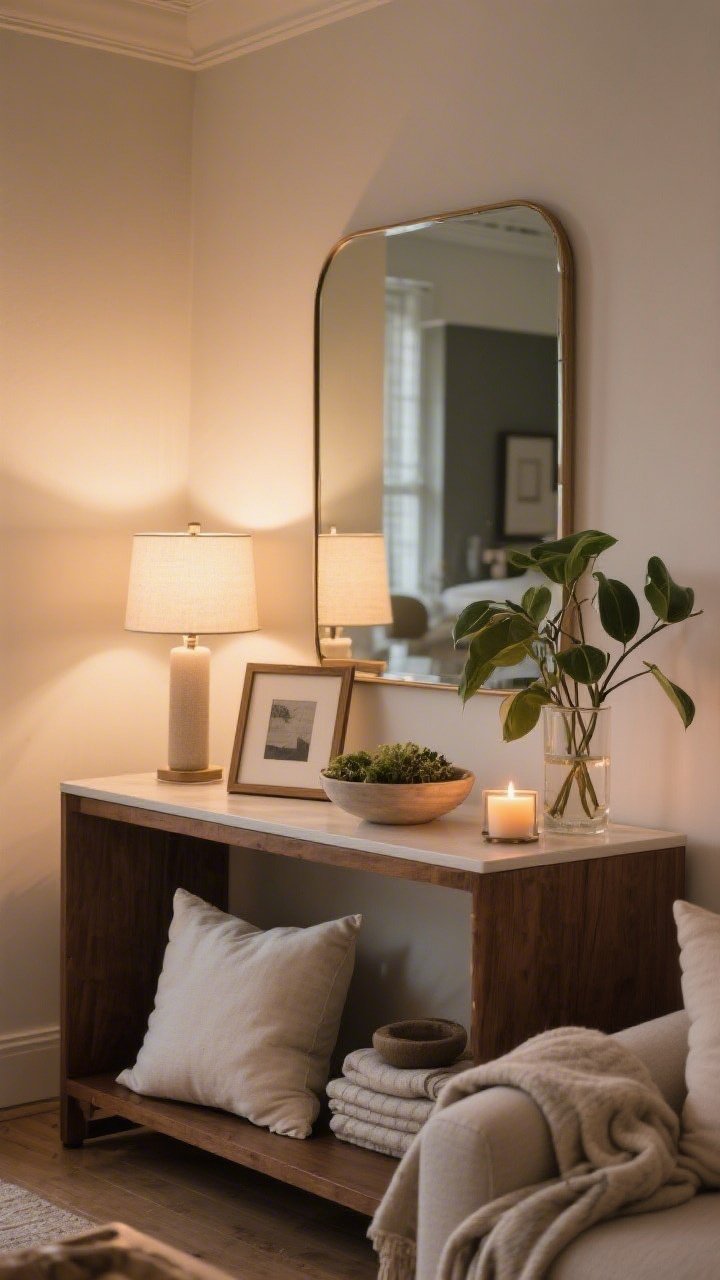 A closeup, lived-in styling moment on a console: freshly fluffed pillows visible on a nearby sofa edge, neatly folded throw, a surface cleared then restyled with lamp + frame + bowl trio, a watered plant turned slightly for even growth, streak-free mirror above, and a lit candle for a mini scent moment; warm, tidy evening light suggests a 10-minute weekly reset.
