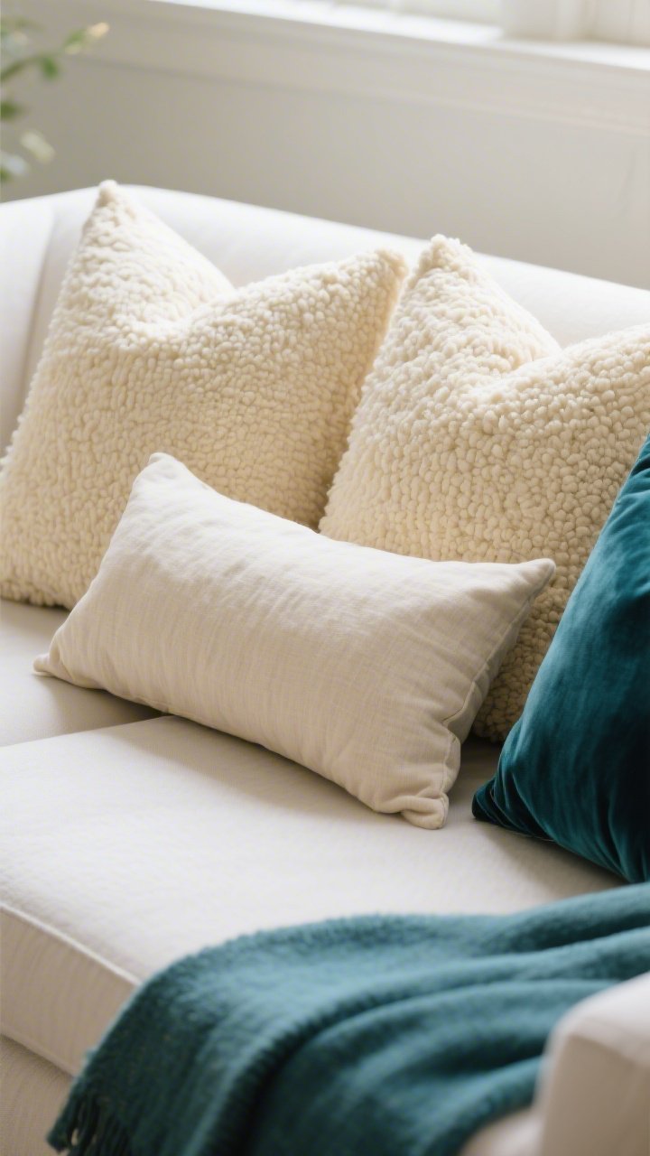 A closeup of a sofa pillow lineup showing swapped covers only: back row features two 22-inch bouclé pillows in warm cream, front center is a long linen lumbar in sand, and to one side a 20-inch velvet pillow in deep teal. Cohesive palette of cream, sand, and teal repeats in a nearby throw. Gentle crease (not a hard chop) at the top of each. Soft morning light to emphasize texture without harsh shadows.