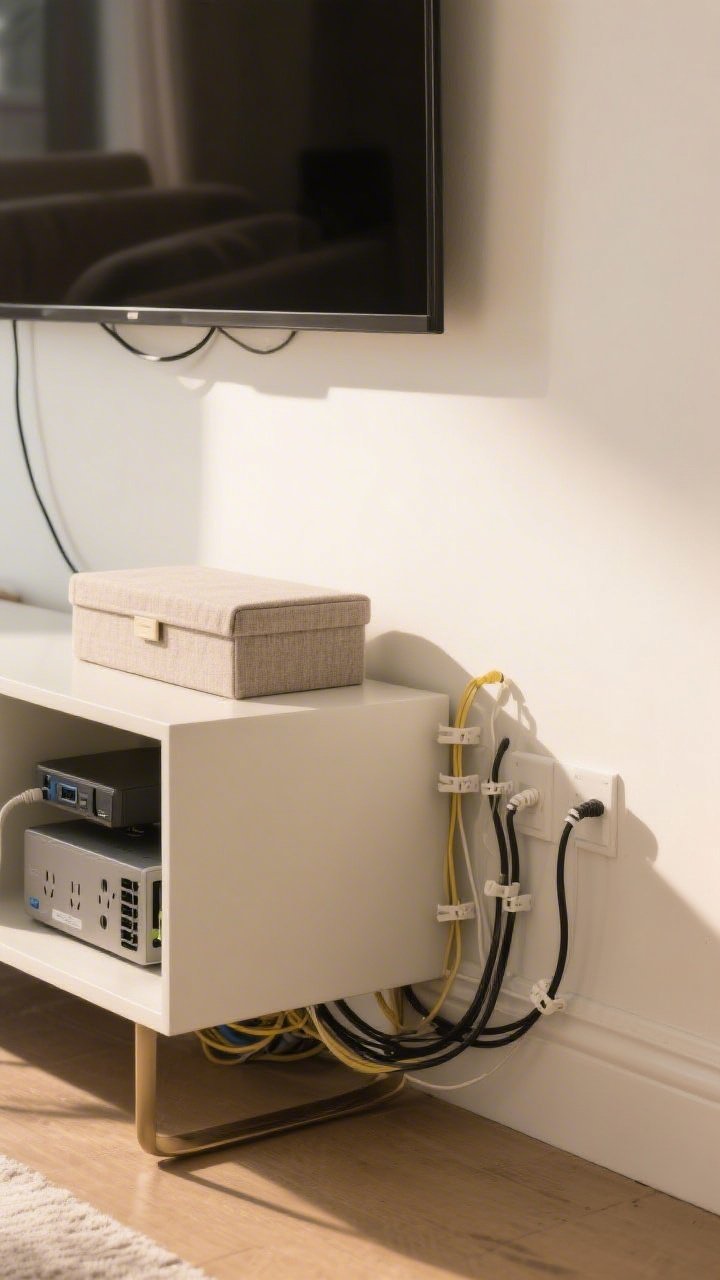 A closeup of concealed tech management behind a media console: adhesive cord clips routing cables neatly along the back and baseboard, a lidded box hiding a power strip and router under the console, and a wall-mounted TV with a fabric cord cover painted to match the warm white wall; clean, polished look with soft ambient light.