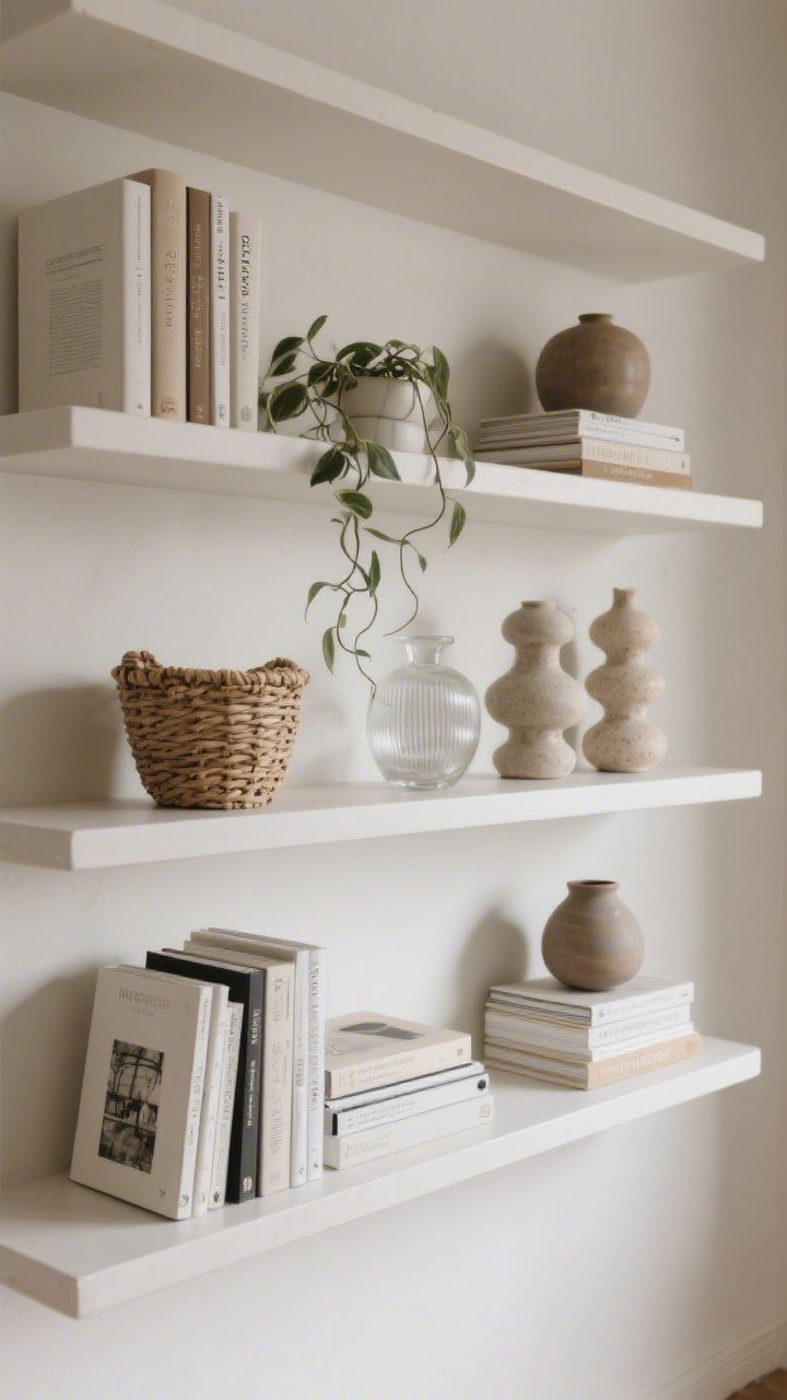 A closeup, straight-on shot of styled shelves with breathing room: books arranged both vertical and horizontal (horizontals used as pedestals), a mix of ceramics, a small woven basket, a glass object, and a trailing plant; groups of three and five, varied heights and textures; at least 25% negative space per shelf; dust jackets removed for a calm, curated palette