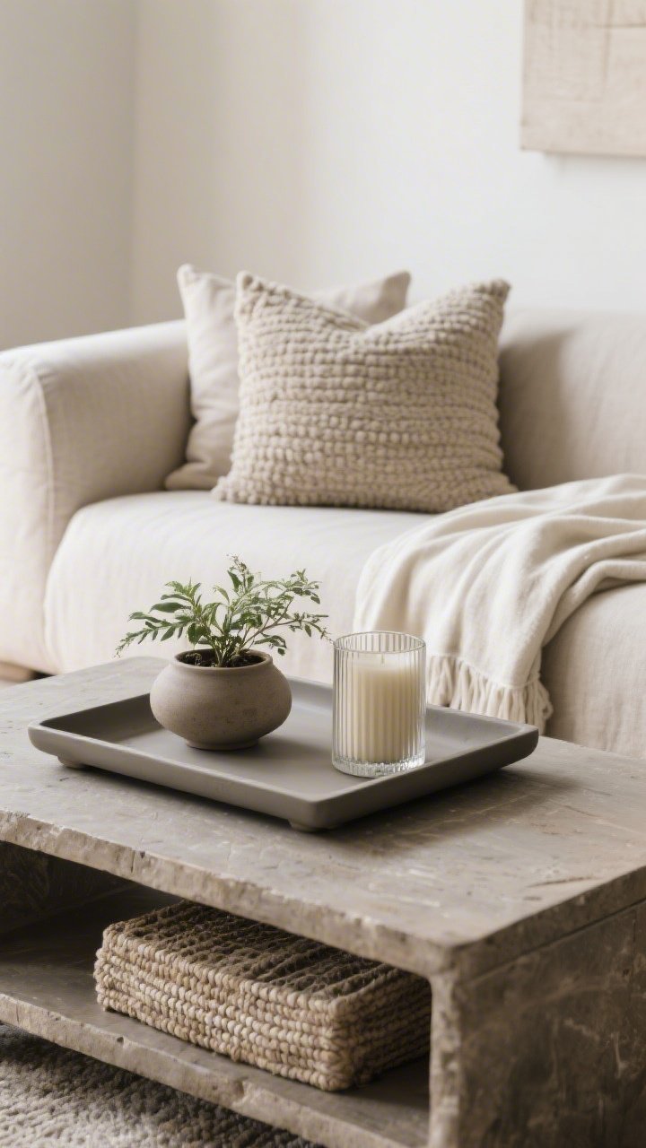 A closeup, tactile shot of layered textures on a coffee table and sofa: a matte tray holding a small plant and a ribbed glass candle; adjacent sofa with a linen pillow and a boucle pillow plus a light cotton throw; materials include stonewashed and matte ceramics; soft side lighting to accentuate weave and surface textures without adding visual clutter.