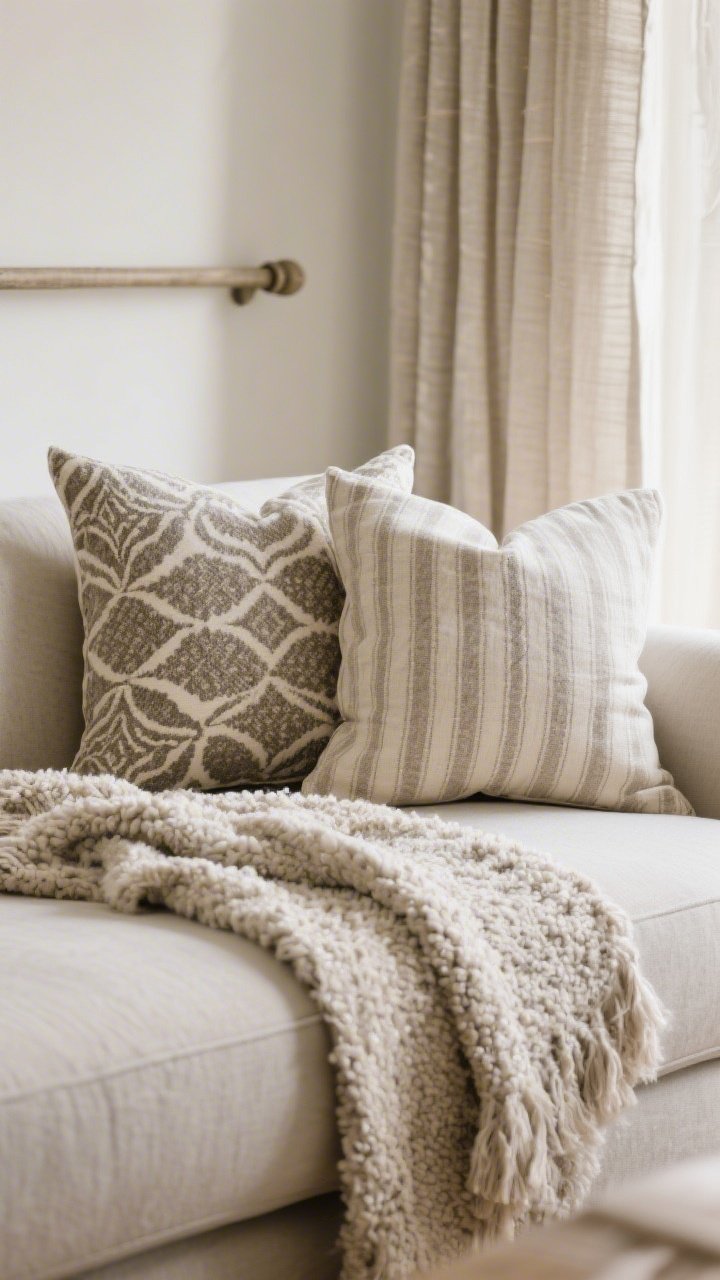 A closeup, texture-forward shot of textiles on a sofa: 24-inch pillow covers featuring one large-scale pattern, one medium pattern, and one solid/subtle stripe in a balanced color mix; a nubby boucle throw layered over smooth linen upholstery; hint of high-and-wide curtain rods with airy linen drapery in the background; soft diffuse light to highlight weave and material contrast; cozy, photorealistic.