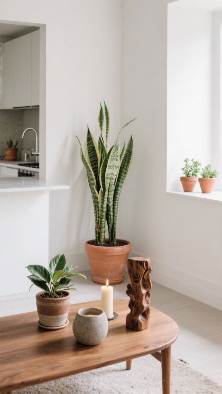 A corner-angle medium shot highlighting purposeful plants: a tall snake plant in a matte terracotta pot softens a room corner where two white walls meet; on a nearby wood coffee table, a tabletop trio—small ZZ plant in a ceramic pot, a stoneware candle, and a sculptural object of carved wood—each at different heights. Kitchen glimpse in background shows matching herb pots by the sink. Leaves are clean and slightly glossy, natural daylight.