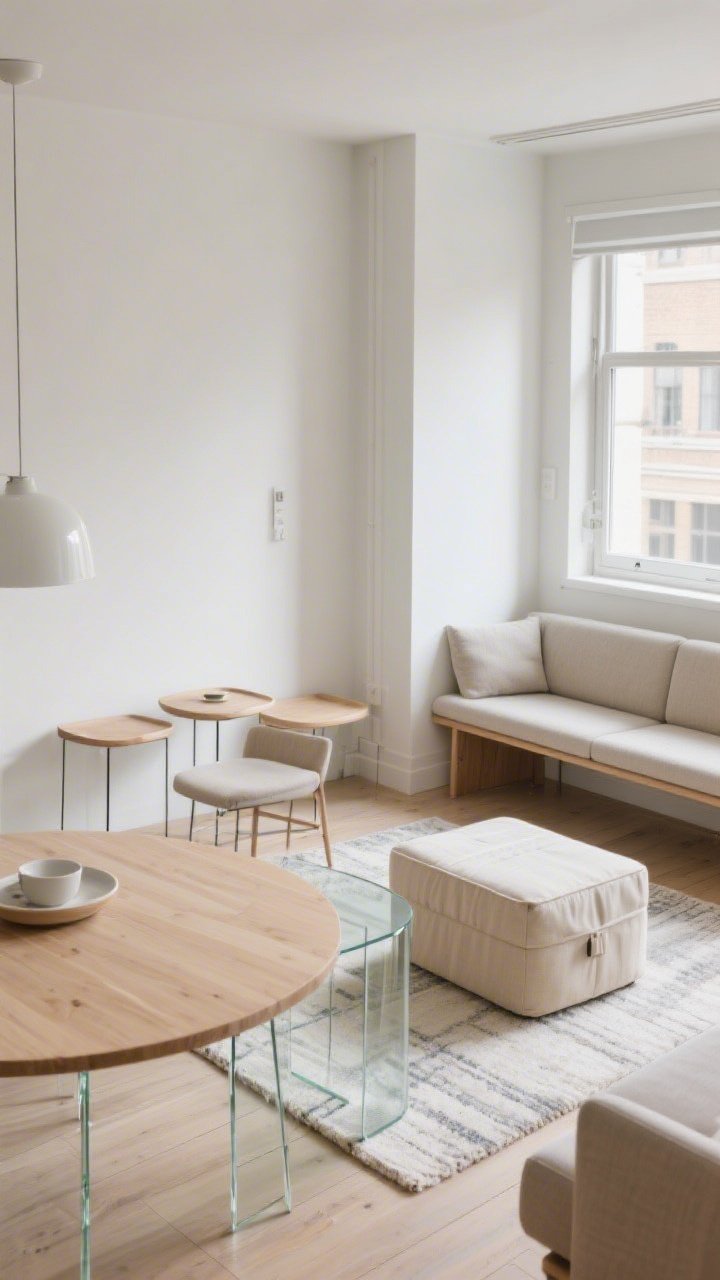 A corner-angle wide shot of a small living-dining area with smart furniture: a round light-wood dining table for better flow, sleek nesting tables beside a sofa, a slim bench tucked under a window, and a light fabric storage ottoman acting as a coffee table; airy rug correctly sized under front legs of seating, glass accents, streamlined legs, daylight, photorealistic