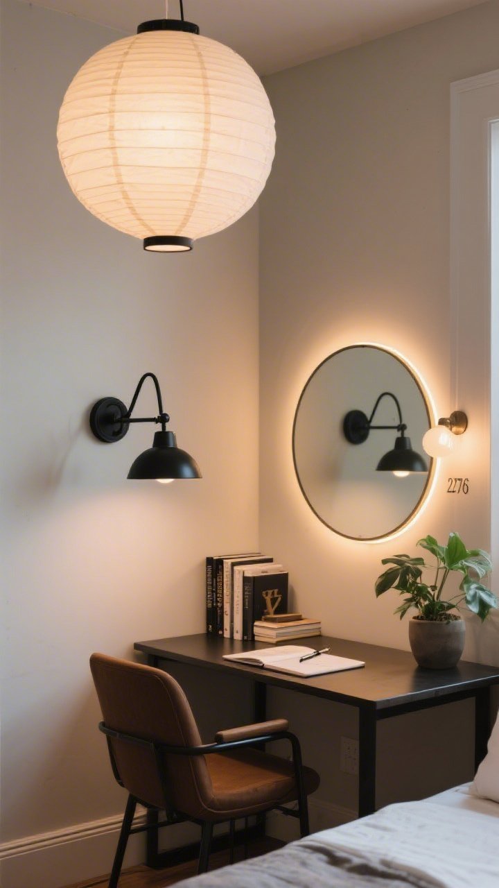 A corner medium shot layered like a boutique: a soft-glow paper lantern overhead for ambient light, a matte-black swing-arm sconce over a small writing desk for task lighting, and a warm LED strip backlighting a round mirror for accent; bulbs at 2700K–3000K, dimmable; neutral walls with a few books and a plant, creating flattering, balanced illumination without harsh glare