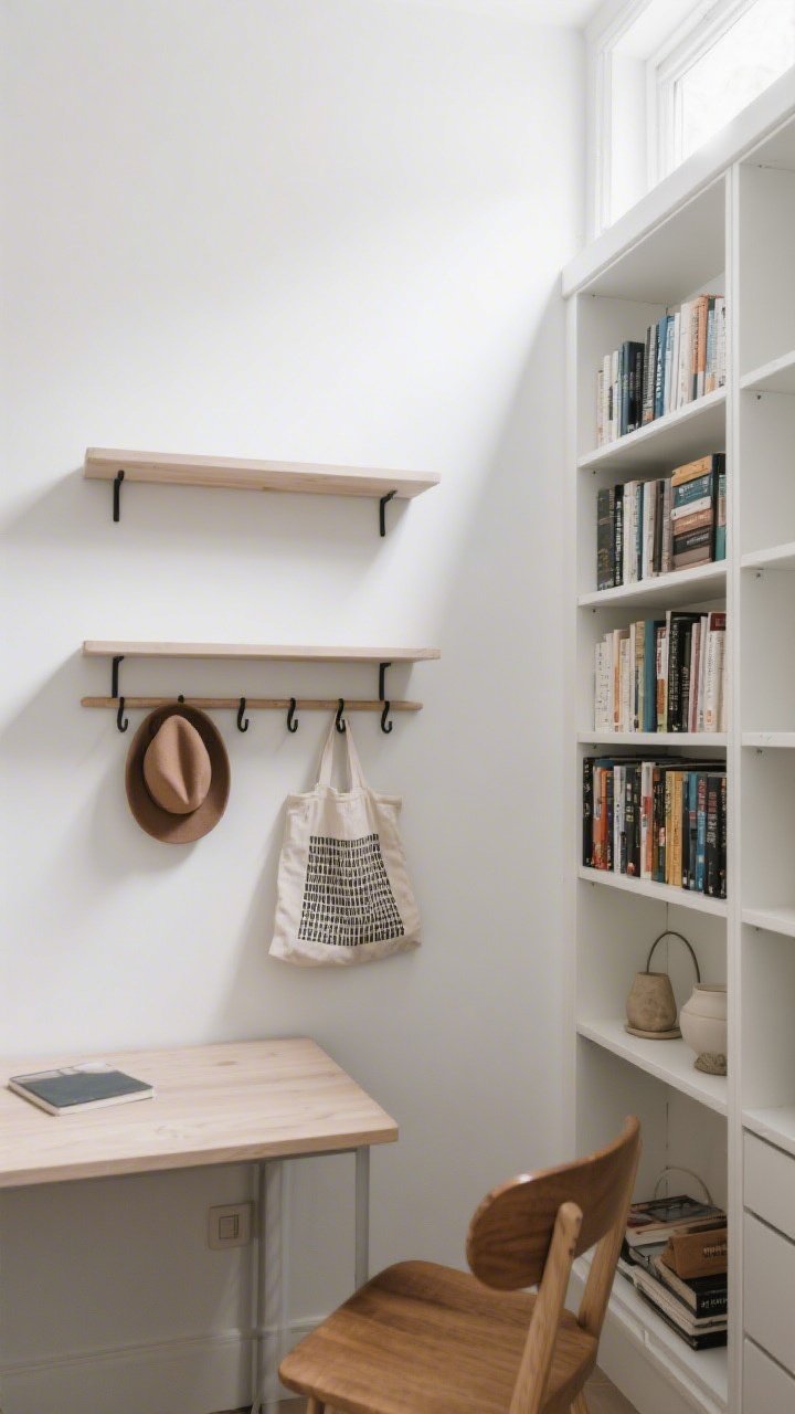 A corner wide shot of a small room with vertical storage: three staggered wall shelves above a compact desk, a peg rail with hooks holding hats and a tote, and a tall bookcase with heavy books on lower shelves and lighter decor up high; soft white walls, breathable gap at the top of the bookcase, bright natural light drawing the eye upward
