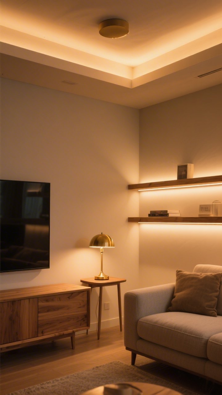 A cozy evening living room corner showing layered lighting: a warm-glow flush mount overhead (2700–3000K), a brass table lamp on a side table for task lighting, and an LED strip under wall shelves for accent; light oak furniture and soft textiles; the interplay of light creates depth and magazine-like warmth; corner angle, photorealistic