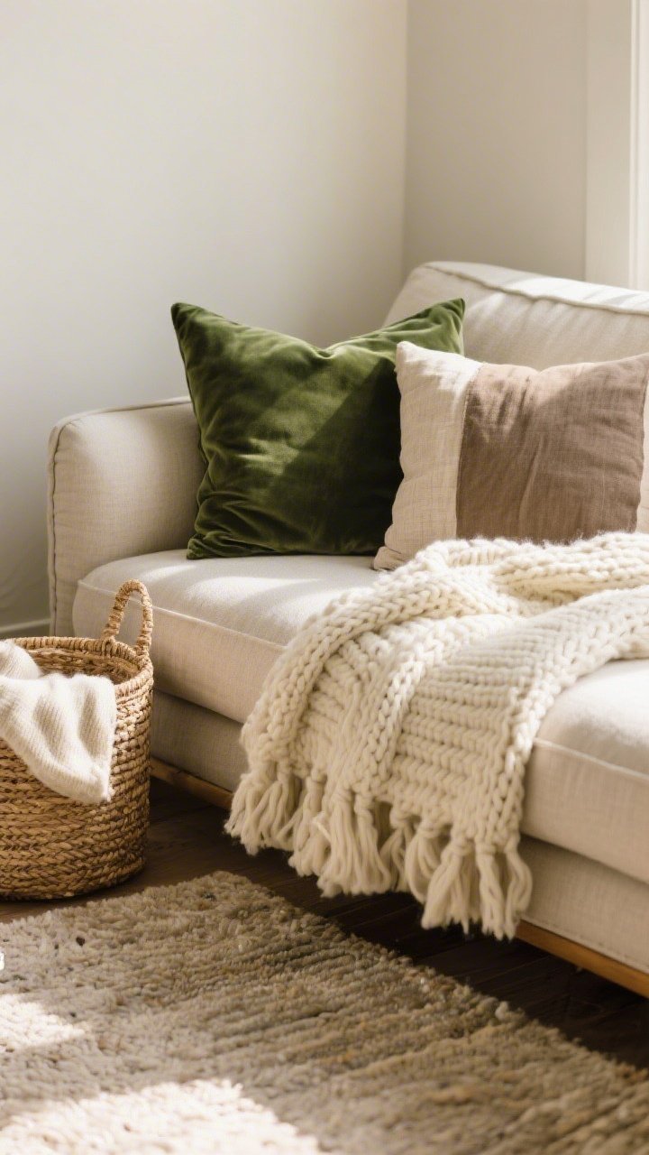A cozy medium shot of a sofa corner layered with texture: a chunky knit throw in cream, smooth forest-green velvet pillow, and a natural linen pillow in taupe; a woven jute basket on the floor holding an extra throw, and a soft low-pile rug underfoot; warm afternoon light emphasizing fabric weaves, within a tight palette of greens, creams, and taupes