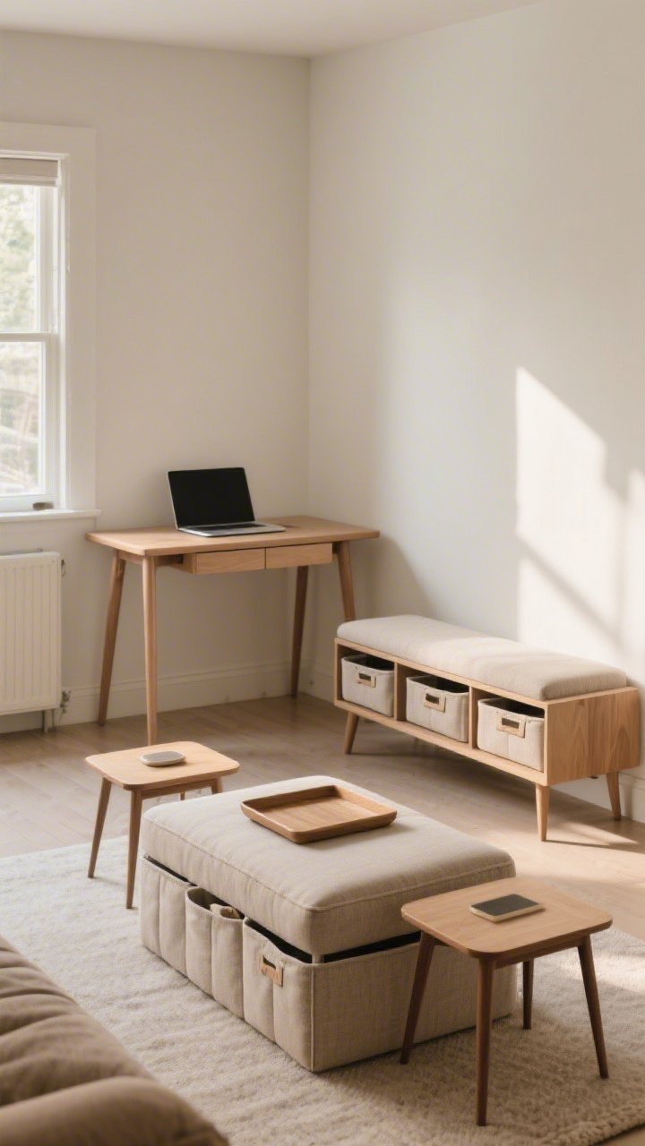 A cozy medium shot of multitasking furniture in a compact living area: a fabric storage ottoman acting as a coffee table with a tray on top, nesting side tables slightly pulled apart, a slim-leg bench with matching bins tucked beneath; a drop-leaf table along the wall styled as a desk with a laptop; legs visible for an open, lightweight feel and warm afternoon light