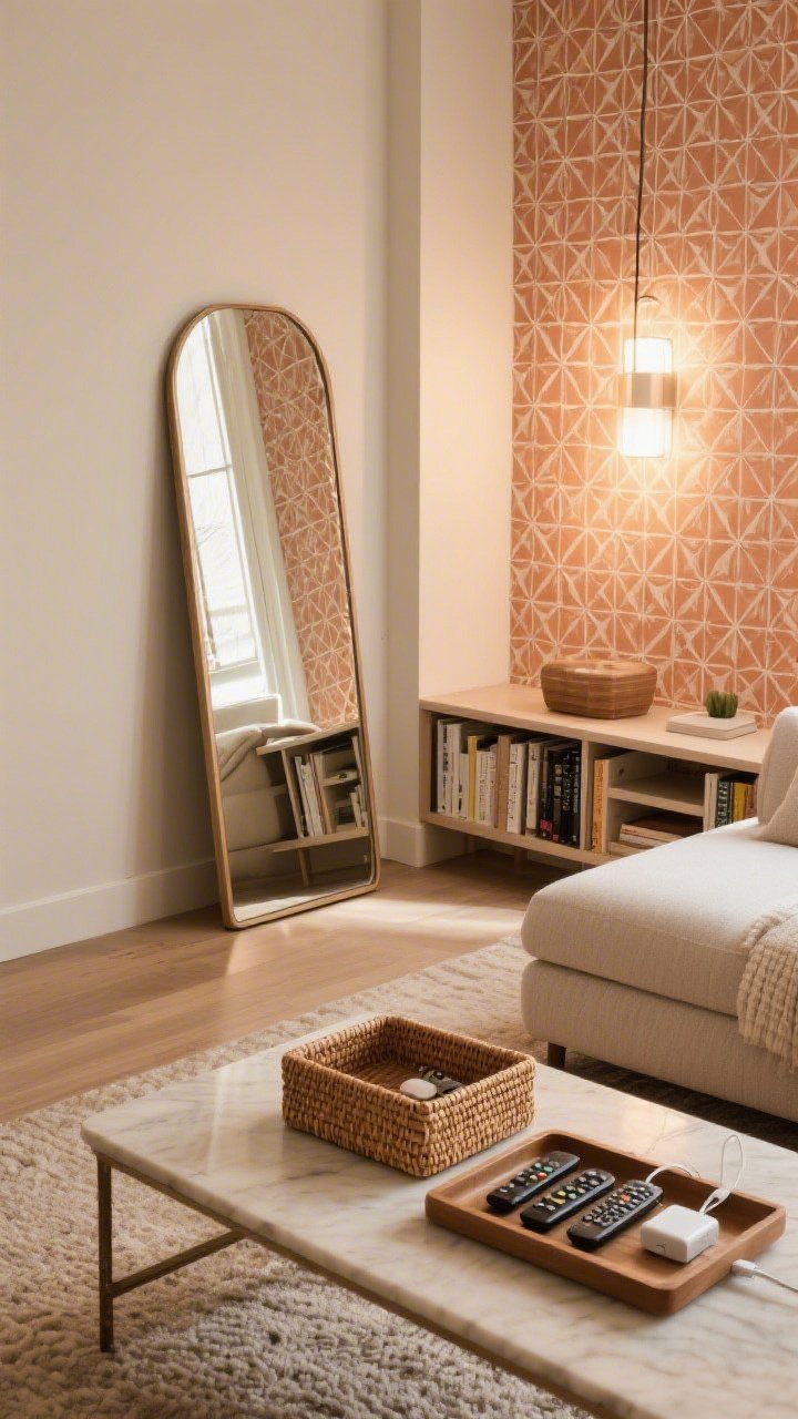 A detail and vignette collage-style scene of bonus micro-projects: an elegant full-length mirror leaning against a wall bouncing light into a tight space; a small nook with peel-and-stick wallpaper in a subtle terracotta geometric pattern backing a bookshelf; an overhead view of a coffee table tray corralling remotes and chargers in a woven box; consistent warm lighting ties the moments together; photorealistic textures and tidy styling