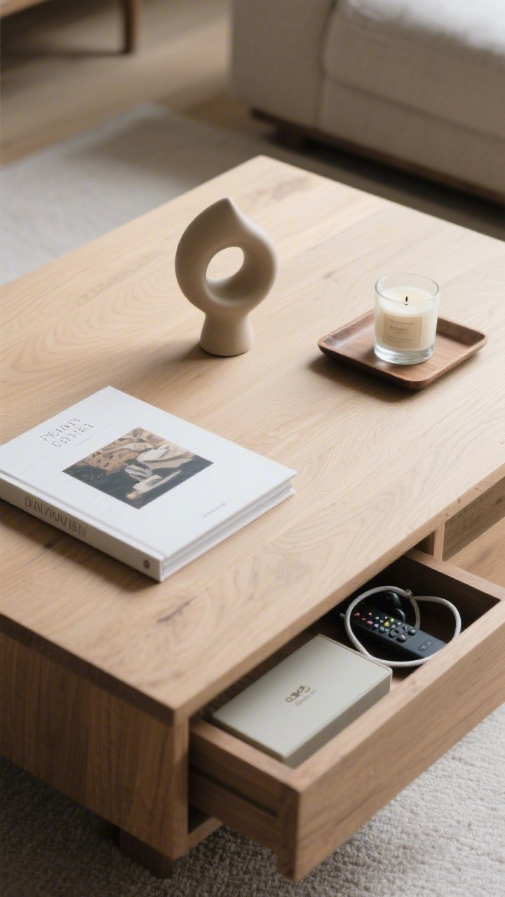 A detail closeup of a freshly decluttered coffee table: overhead view showing a clean wood surface with only three curated items—an art book, a small sculptural object, and a glass candle on a tray; nearby remotes and cords hidden inside a lidded box under the table; calm, minimal palette with soft daylight and crisp shadows; serene, tidy mood.
