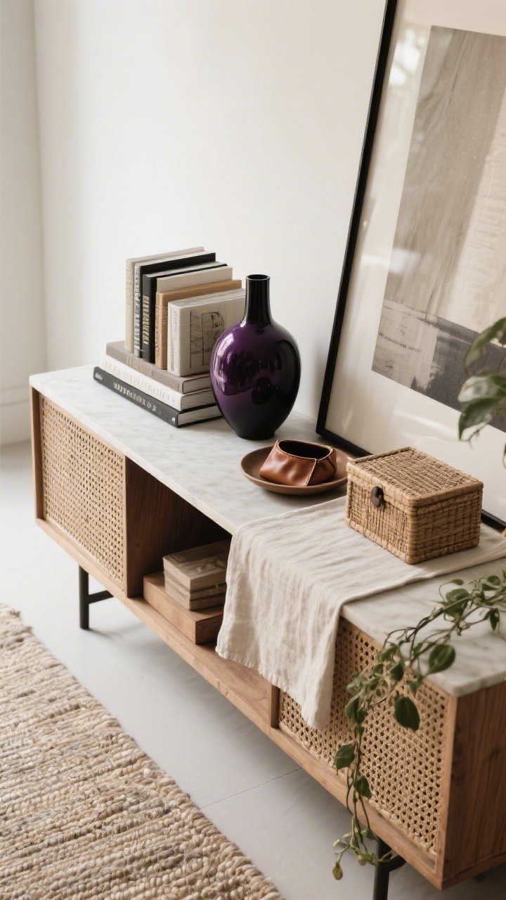 A detail-overhead styling shot of a console following the 70/20/10 rule: neutral foundation surface and rug (70%), layered secondary textures in wood, linen, leather, and rattan (20%)—a linen runner, a small leather catchall, a rattan box; pops (10%) via a bold blackberry-colored vase and art book; objects grouped in threes with varied heights—stacked books, a tall vase, a low dish—leaving breathing room; a small trailing plant nearby, photorealistic lighting highlighting matte and natural textures