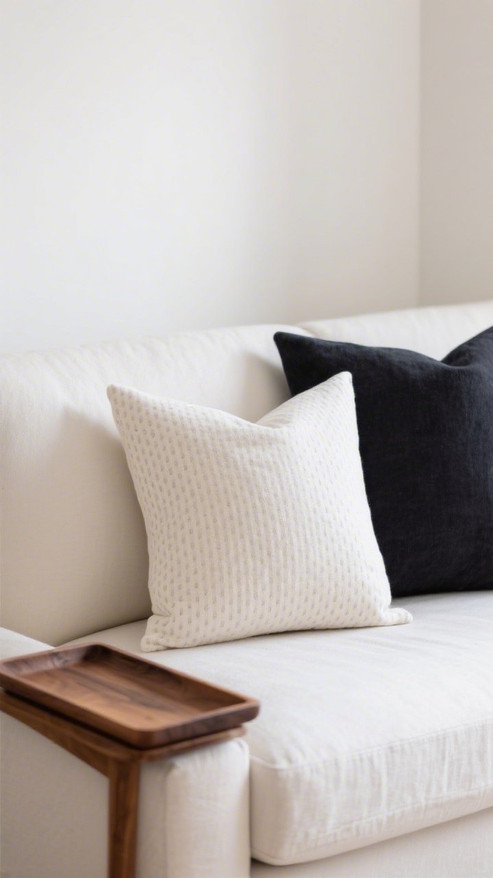 A detail shot of styled textiles on a sofa illustrating a tight three-color palette: warm white as primary neutral, charcoal as the contrasting tone, and natural oak as the accent; solid or micro-print pillows in warm white and charcoal; an oak wood tray on the arm; soft, even light that highlights the curated, consistent scheme.