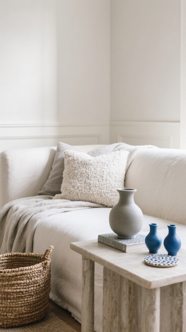 A detail shot of tone-on-tone styling on a sofa: warm white and soft gray base fabrics layered with texture—bouclé pillow, linen throw, woven basket beside the sofa, and matte ceramic vase on a side table; three small cobalt accents repeated (a book spine, a tiny vase, a patterned coaster) for the 1-accent rule; walls in matte finish with subtly glossier trim catching light