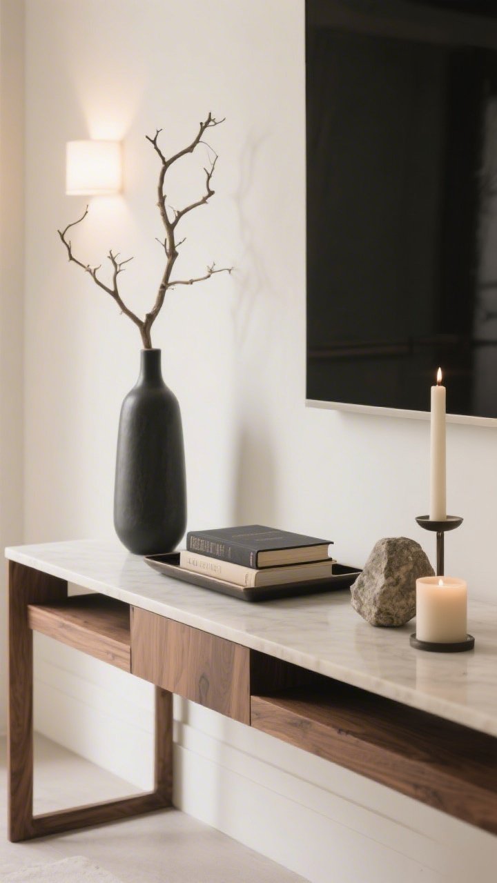 A detail, three-item surface styling on a console: something tall (a slender vase with sculptural branch), something low (a small tray with two stacked books), and something organic (a stone and a candle); restrained palette in warm whites, charcoal, and oak; neutral wall backdrop and soft side lighting for a tidy, intentional vignette.