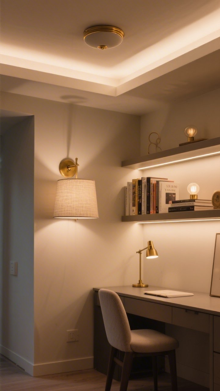 A detail-to-medium layered lighting vignette: warm ambient flush-mount ceiling glow, a brass wall sconce for task lighting beside a compact desk, and subtle LED strip accent lighting under a wall shelf illuminating books and decor; bulbs at 2700–3000K, cozy shadows, textured linen shade and soft brass finishes
