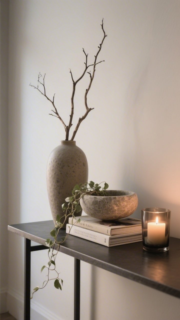 A detailed closeup of a styled console surface using the High-Low-Soft-Glow formula: tall ceramic vase with branches (High), two stacked art books beside a sculptural stone bowl (Low), a small trailing plant with soft leaves draped over the books (Soft), and a lit candle in a smoked glass holder (Glow); grouped in odd numbers with varied scale and textures; negative space left on one side of the console; soft evening light highlighting textures