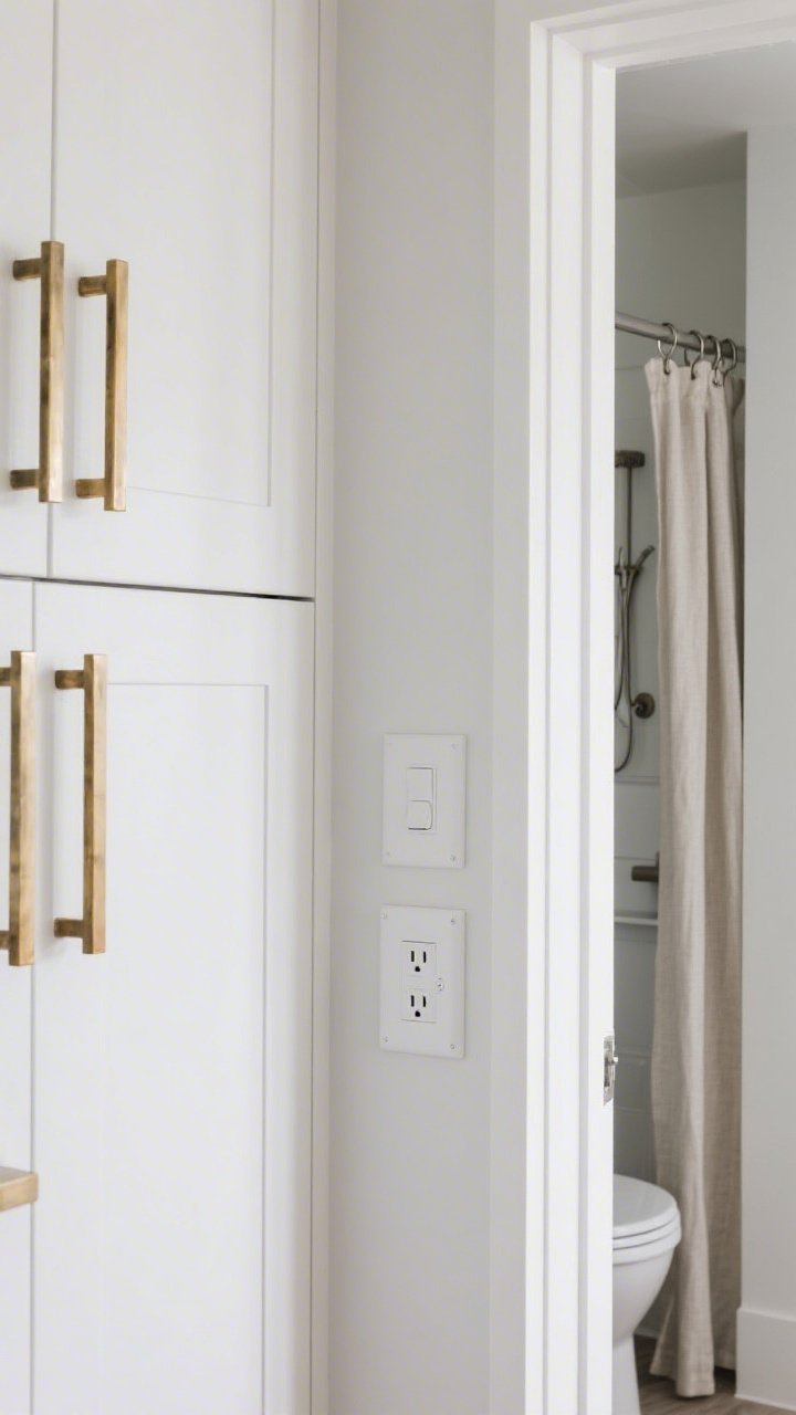 A detailed closeup of hardware and small fixtures: a kitchen cabinet door with unlacquered brass pulls, adjacent wall featuring a modern white screwless switch plate and matching outlet cover, and a glimpse of a bathroom doorway with a fabric shower curtain on minimalist metal hooks; consistent finishes within the scene, crisp daylight, refined and updated vibe.