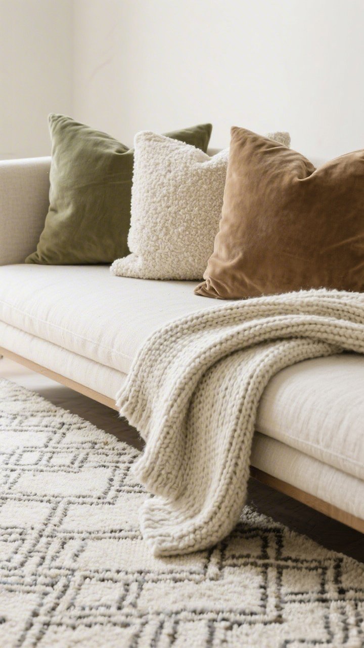 A detailed closeup of textiles on a small sofa: one hero-pattern rug with subtle micro-geometrics visible beneath, layered with grounding solid pillows in linen, boucle, and velvet in a restrained palette of sage, cream, and warm taupe; a chunky knit throw draped casually; soft, diffused light emphasizing tactile texture without visual clutter
