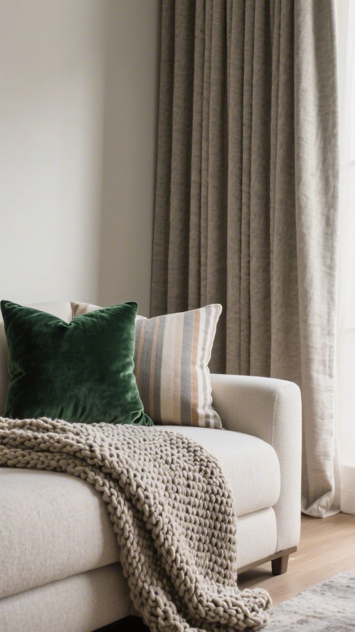 A detailed closeup of textiles with texture on a sofa: a chunky knit throw, a deep green velvet pillow, and a subtle striped cushion in soft gray/tan over a neutral base; floor-length curtains hung high and wide, just touching the floor; soft natural side lighting highlighting fabric weave and plushness