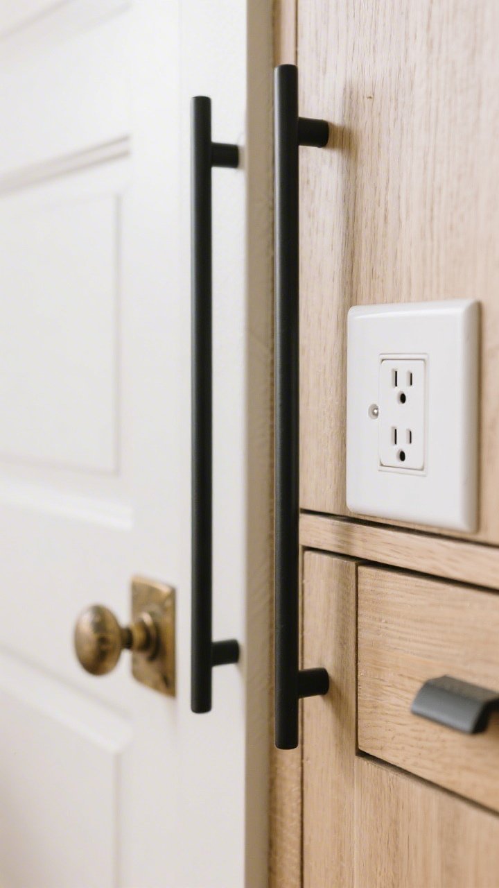 A detailed closeup of upgraded hardware: matte black cabinet pulls elongated for a custom look on a light oak dresser, an aged brass door handle matching switch plates, and new clean white outlet covers; tight angle emphasizing finish consistency and subtle glow; diffused daylight to reduce glare