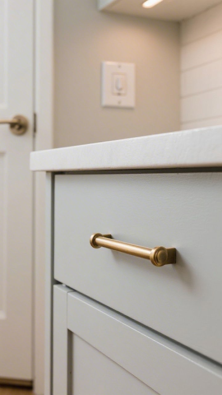 A detailed closeup of upgraded hardware on a kitchen cabinet drawer front: brushed brass bar pulls installed in perfect alignment on matte painted cabinetry; consistent finish shown across a nearby door handle in the background; a sleek screwless light switch plate on the adjacent wall; soft overhead light revealing the hardware’s subtle sheen and the cabinet’s paint texture; emphasis on precision fit and clean lines