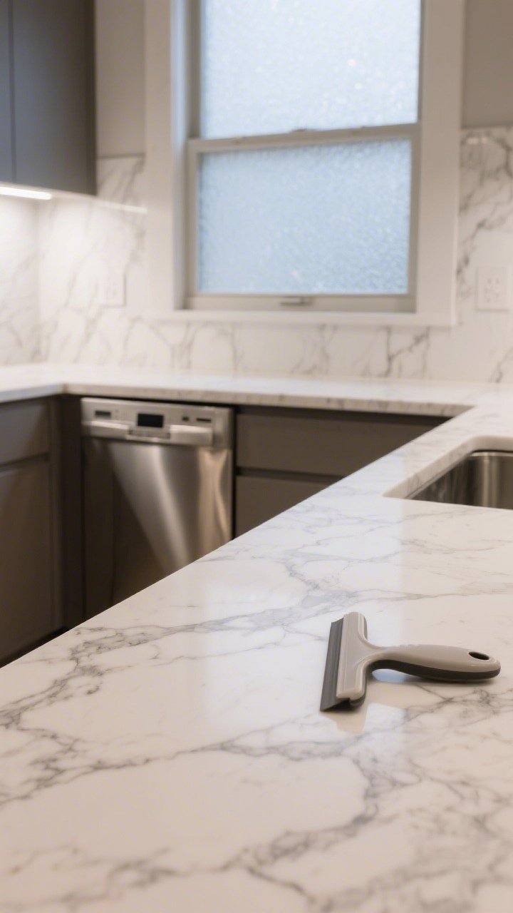 A detailed countertop closeup showing thick marble-look contact paper applied seamlessly with a squeegee nearby; in the background, a window with frosted privacy film and a dishwasher front wrapped in stainless-look vinyl; even, bright task lighting and bubble-free finishes
