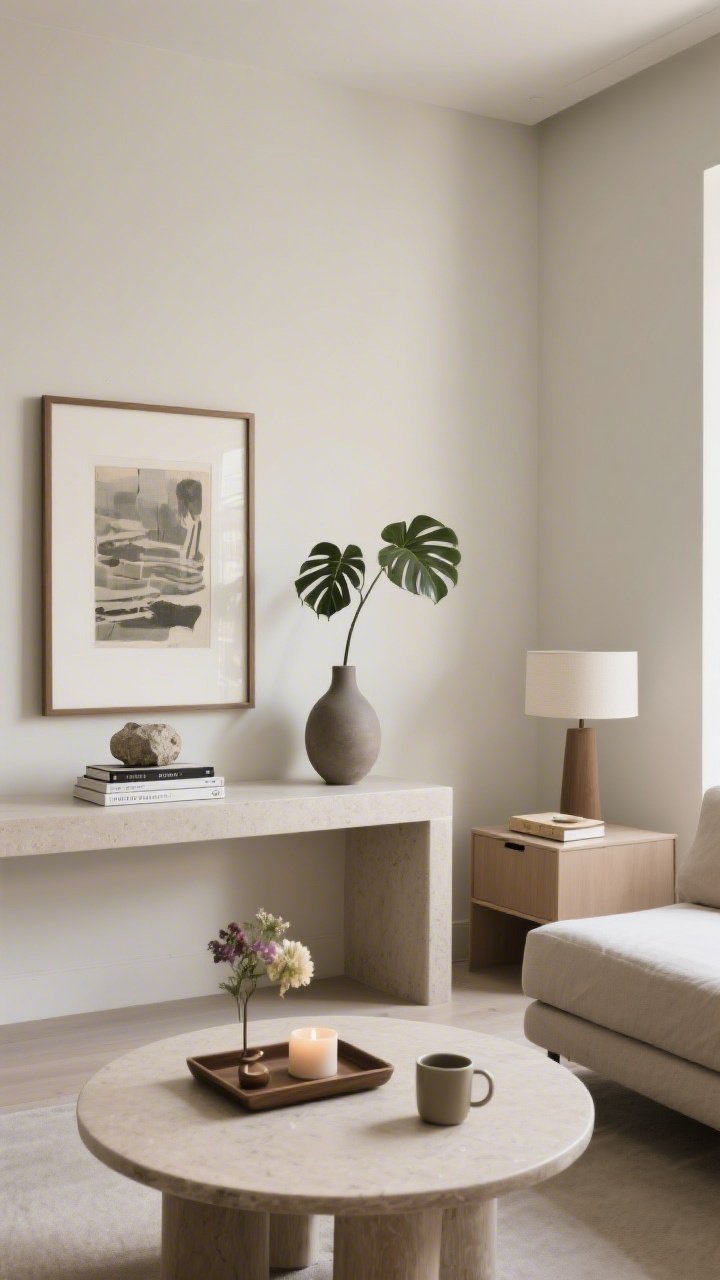 A detailed, straight-on shot of curated surfaces: a console styled with a large framed art piece, a short stack of books, a sculptural stone object, and a leafy stem in a matte vase; a coffee table with a tray, candle, small object, and flowers leaving clear space for mugs; a nightstand with a lamp, single book, and tiny dish; ensure one-third of each surface is empty; soft natural light emphasizing height contrast and breathing room.
