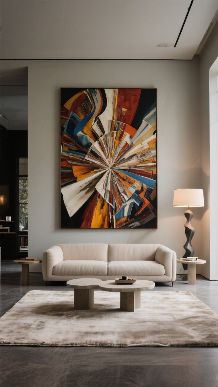 A dramatic, wide, straight-on shot of a living room with one wow moment: an oversized, bold art piece above the sofa as the clear focal point; supporting elements kept simple—neutral sofa, understated side tables, soft rug, minimal accessories; balanced lighting with a subtle sculptural floor lamp off to the side; everything composed to let the star feature command attention.