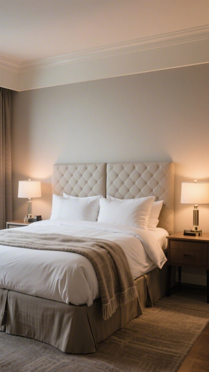 A medium bedroom shot focused on a hotel-level bed: a removable wall-mounted cushion panel acting as a headboard, layered bedding with crisp quilt + plush duvet + folded throw at the foot, and symmetrical nightstands with matching lamps on both sides; include subtle bed risers hidden by a tailored bed skirt; warm evening lamp light