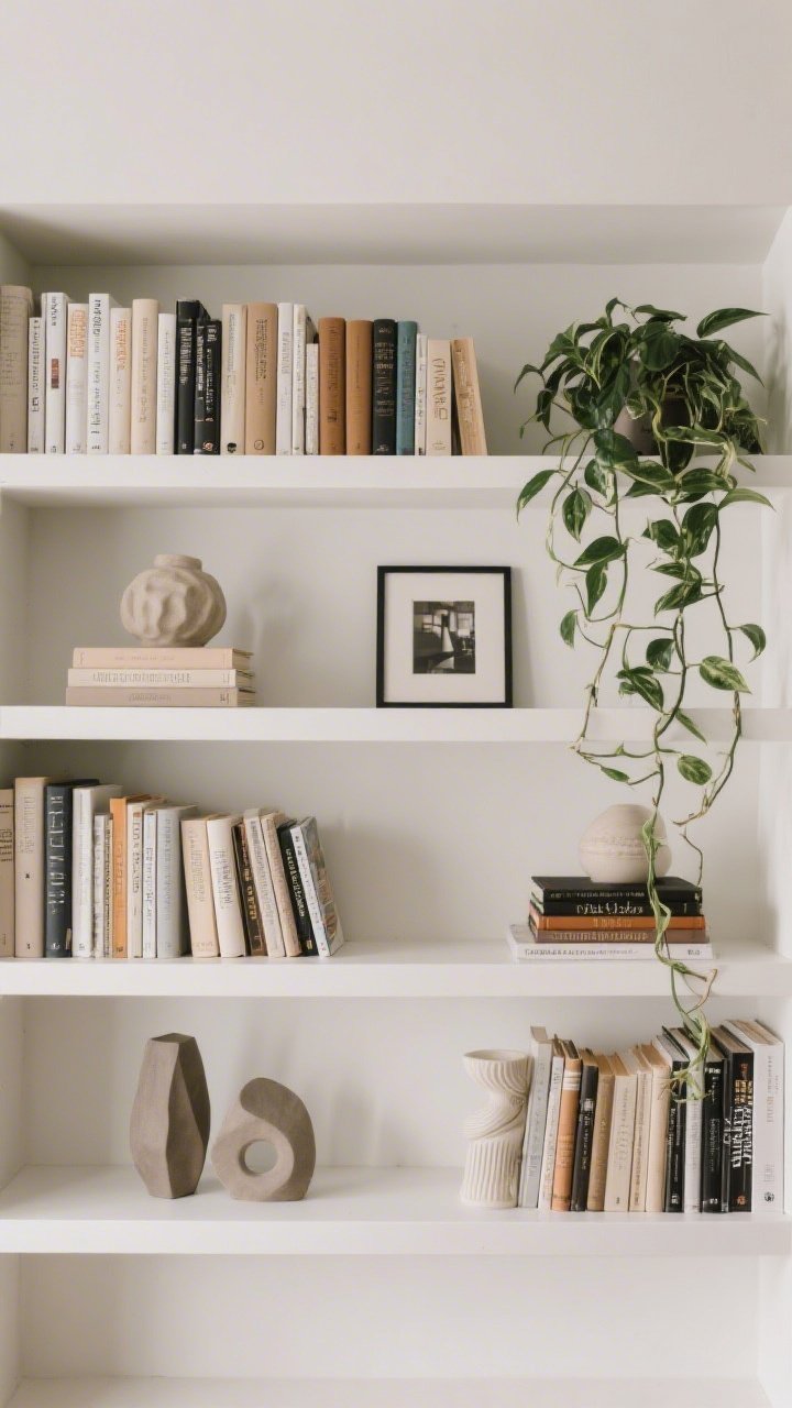 A medium bookshelf shot after editing and styling: books arranged both vertically and in horizontal stacks to break lines, grouped in complementary tones for an editorial look; negative space intentionally left on some shelves, with a few sculptural objects, a framed photo, and a trailing pothos cascading from an upper shelf; balanced, airy feel