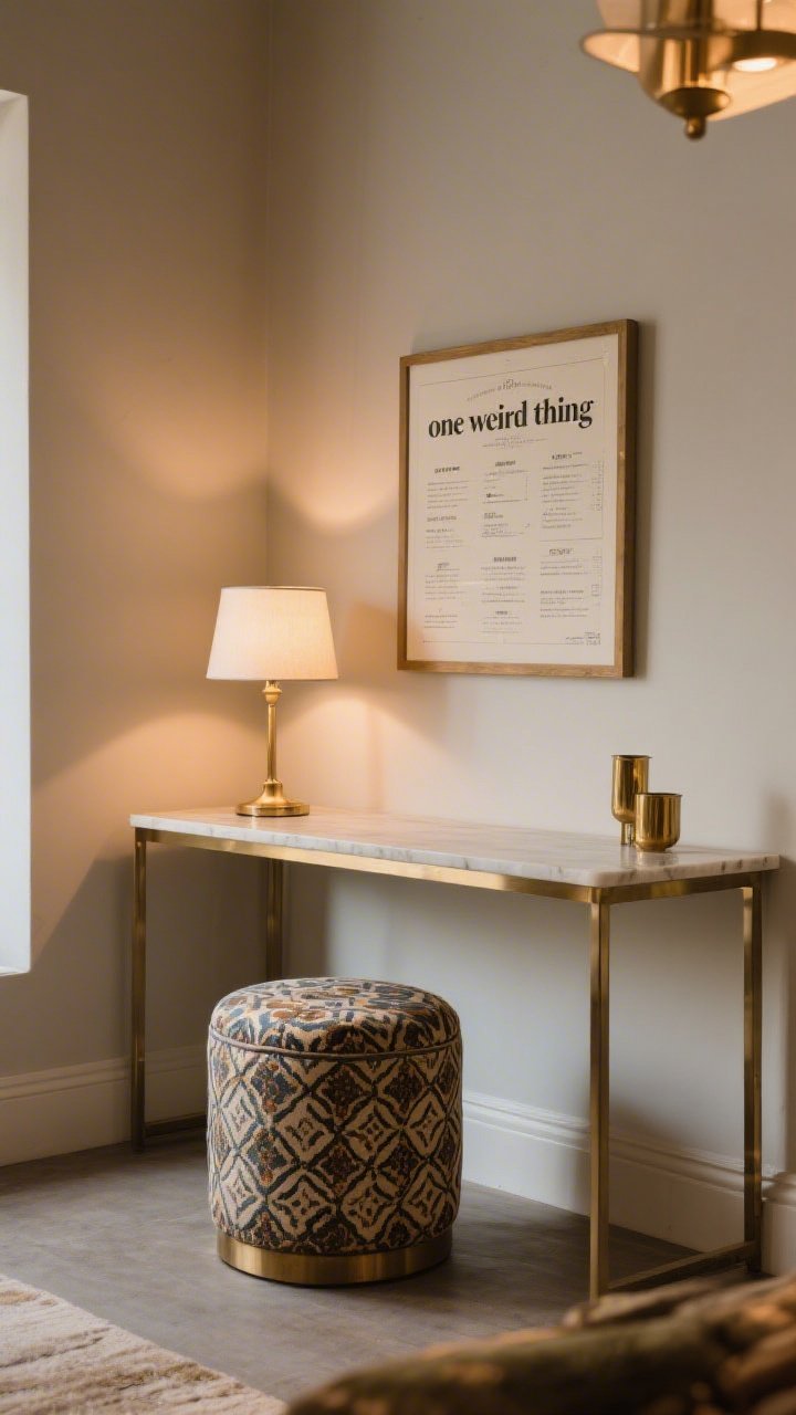 A medium-close shot of a console with a single personality piece: a quirky vintage patterned stool tucked beneath, paired with a simple lamp and a framed travel menu; neutral base decor kept edited so the “one weird thing” stands out; brass accents echoing room metals; warm evening light for a chic, intimate vibe