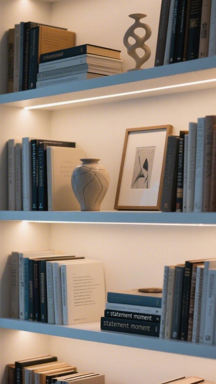 A medium closeup of a “statement moment” bookshelf: shelves edited and styled with books grouped by spine tone, some stacked horizontally; each shelf follows the rule of thirds with books, a sculptural object, and intentional negative space; a small framed artwork leaning at the back layered behind a ceramic vessel for depth; warm white LED strip lights under each shelf creating a museum-like glow; no blue tint, cozy atmosphere