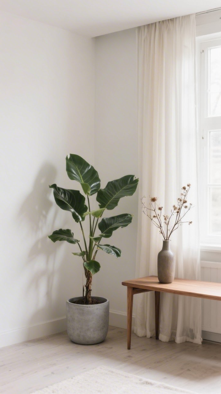A medium corner shot bringing in nature simply: a single architectural rubber plant in a matte cement pot, placed beside an oak side table; neutral walls and light curtains; optional tall vase with seasonal foraged branches on the table; bright, natural light for fresh Scandinavian calm.