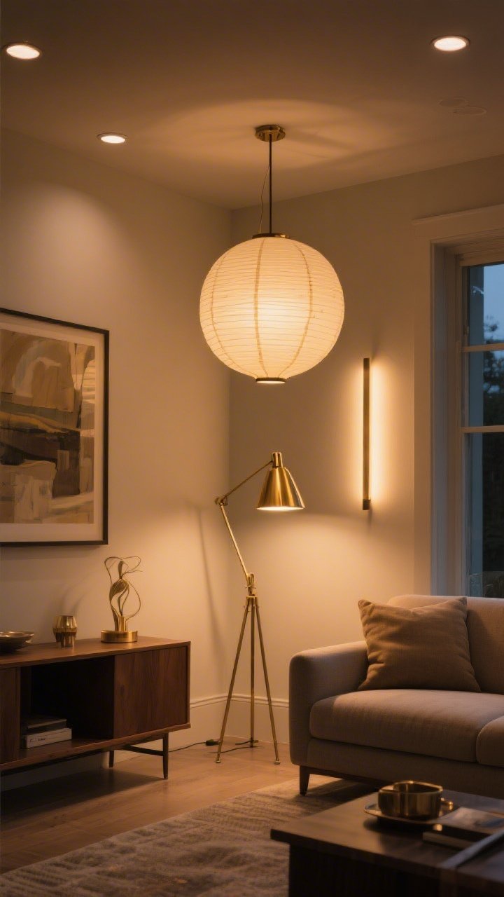A medium corner shot illustrating a lighting triangle: dimmable paper lantern overhead for ambient glow, a brass floor lamp by the sofa for task lighting, and a slim picture light above a framed artwork for accent; warm 2700K bulbs, metal finishes matched in brushed brass, lamps placed to define a conversation zone and a styled console vignette; evening setting with ceiling can lights off to showcase layered warmth; photorealistic
