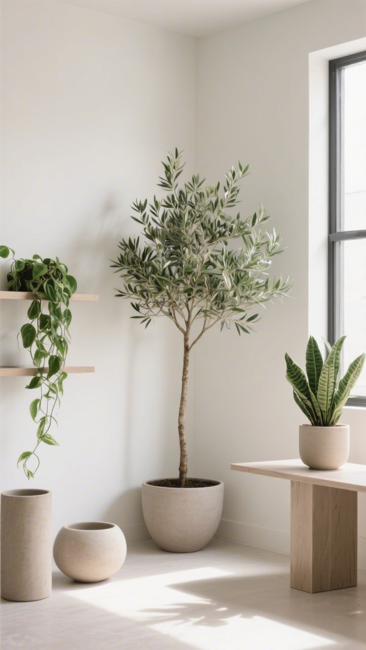 A medium corner shot styled with statement greenery: one tall olive tree in a simple matte planter balancing a once-empty corner, a trailing pothos spilling from a shelf, and a sculptural ZZ plant on a tabletop; planters in coordinated neutral tones with mixed sizes and rounded/straight silhouettes; bright indirect light, clean lines, subtle shadows; photorealistic, fresh.