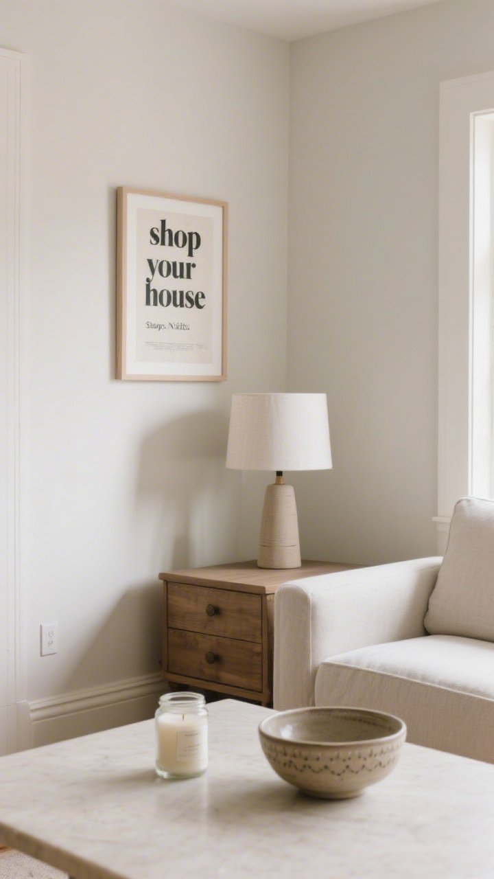 A medium corner vignette showing “shop your house” swaps: a nightstand repurposed as a living room side table with a small lamp; a piece of art moved to a new wall and hung slightly lower for a gallery feel; a cleaned candle jar and a ceramic bowl reused as minimalist catch-alls on the tabletop; neutral palette with soft daylight.