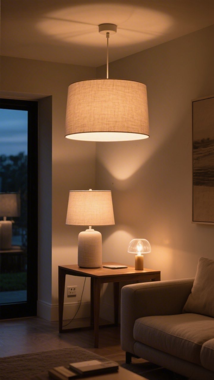 A medium evening scene layering minimalist lighting: warm 2700K bulbs in an overhead fixture for ambient glow, a simple fabric-shade table lamp for task light, and a small frosted-shade accent lamp for atmosphere; matching bulb color temperatures; clean-lined fixtures in neutral finishes; cozy, flattering illumination.