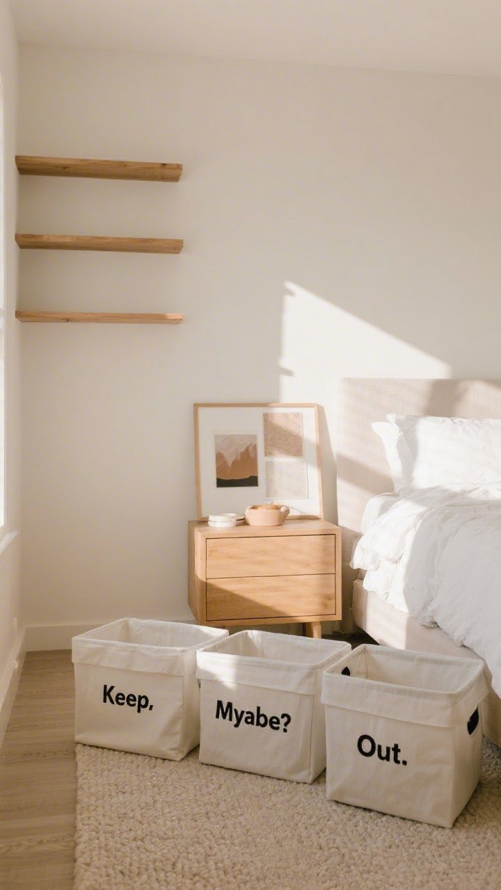 A medium shot of a bedroom mid-declutter using the three-box method: three labeled bins on the floor reading Keep, Maybe, Out; cleared nightstand and dresser with only a couple of mood-board-approved items; empty negative space on shelves; warm natural afternoon light emphasizing a fresh, airy feel; no new decor added, just edited surfaces