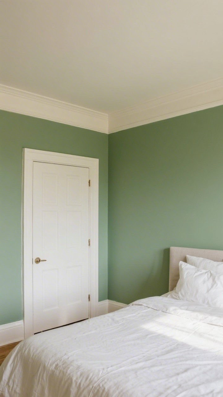 A medium shot of a bedroom with a dramatic one-wall focal behind the bed painted a gentle green, crisp white trim and door freshly painted for a pro finish, and a pale tinted ceiling to draw the eye up; the scene has warm, even lighting that shows how paint changes the mood and sense of scale.