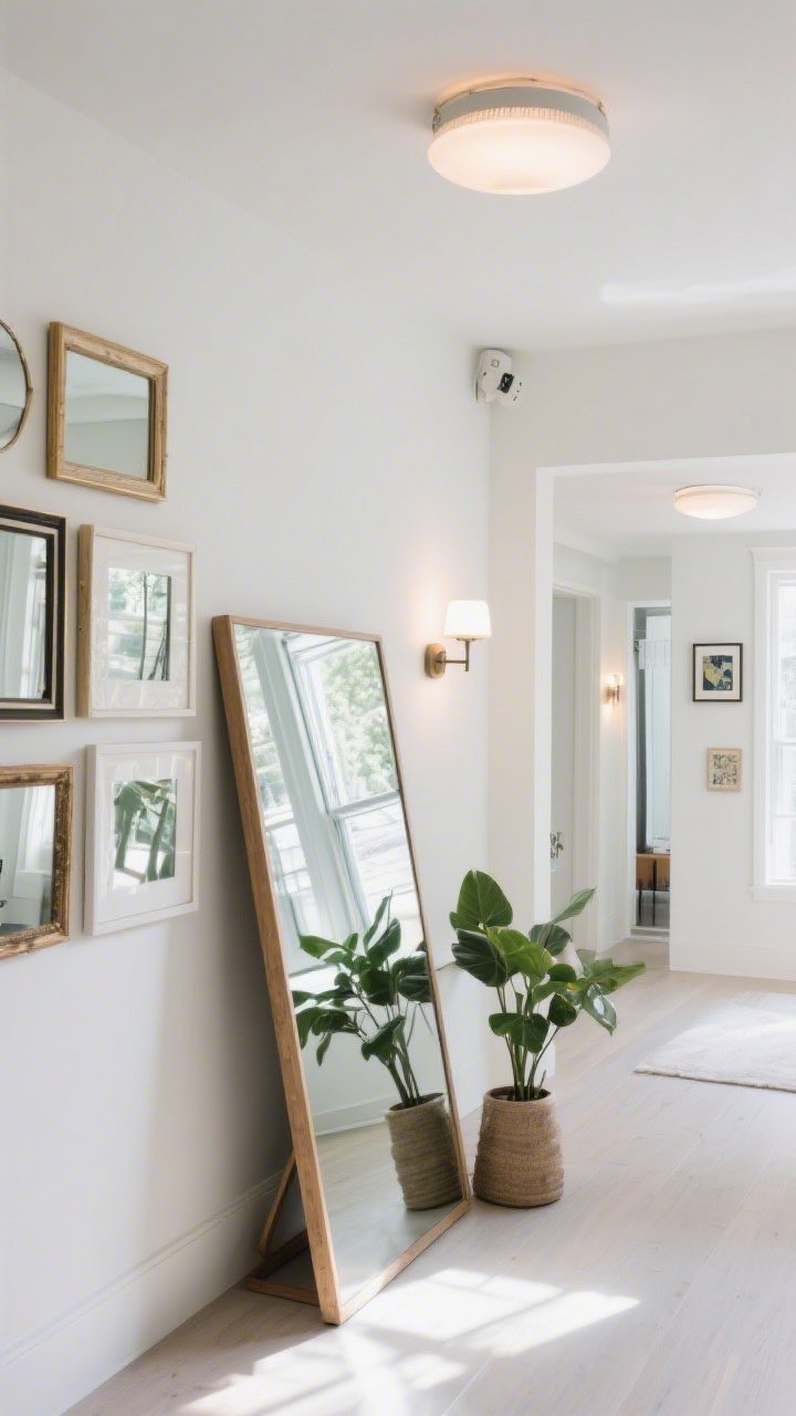 A medium shot of a bright corner featuring mirrors and layered lighting: an oversized leaning mirror angled across from a window to bounce daylight, a floor plant partially in front for depth; a small gallery of mixed-frame mirrors down a hallway wall beyond; lighting layered with a ceiling fixture (ambient), a plug-in sconce (task), and a tiny picture light over art (accent); crisp, reflective light