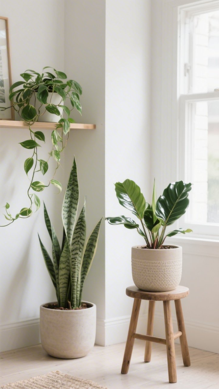 A medium shot of a bright corner with low-maintenance plants: a trailing pothos on a shelf, a tall snake plant anchoring a corner in a simple pot, and a glossy ZZ plant on a stool; all in neutral planters with subtle texture; indirect natural light enhances fresh greens and the “lived-in, stylish” vibe.